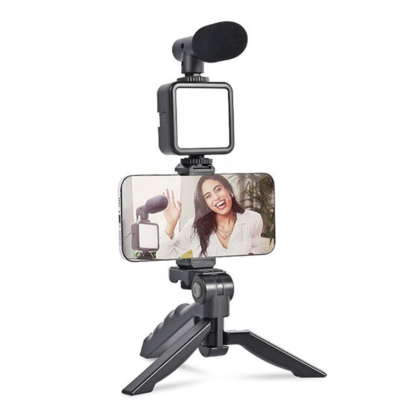 6054 Vlogging Kit for Video Making with Mic Mini Tripod Stand, LED Light & Phone Holder Clip for Making Videos 