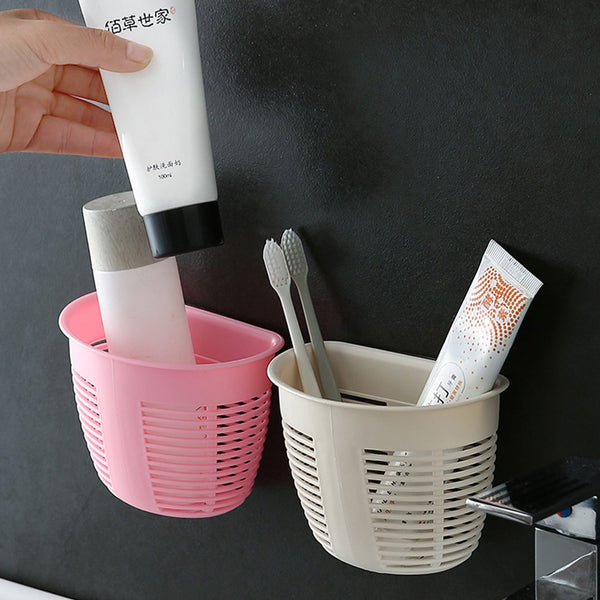 Hanging Plastic Storage Basket, Adhesive Wall Mounted Organizer Box Make Up Holder Shelf Bathroom Wall Basket Punch Free Drain Basket for Kitchen Bathroom, Wall Type Storage Basket (1 Pc)