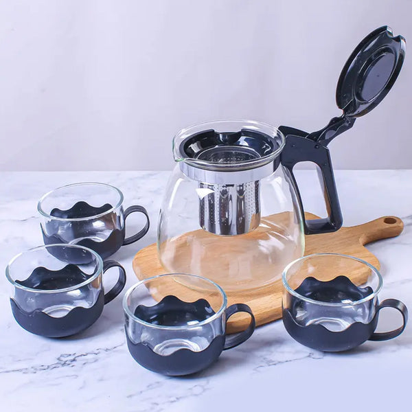 Flame Proof Glass Kettle & Cup Set With Strainer High Quality Kettle Set For Home & Café Use  (4 Cup & 1 Kettle) (24 Pc MOQ)